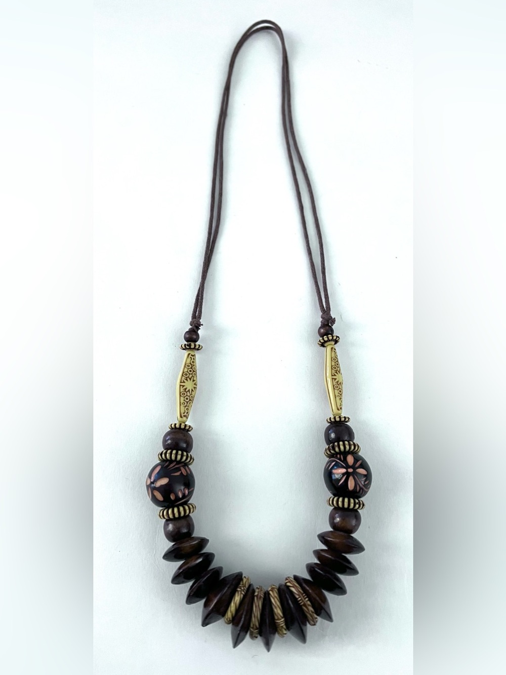 Handmade Indonesian Tribal Boho Wood Bead Statement Necklace Brown Cream NWOT